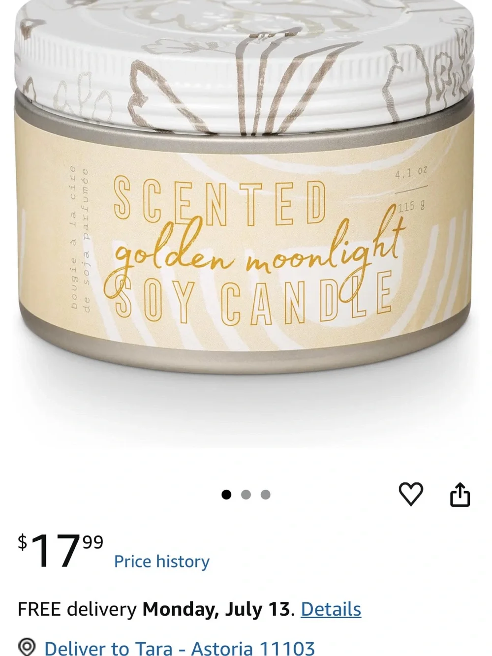 Golden Moonlight Soy Candle: 20 hr burn time🕯️
